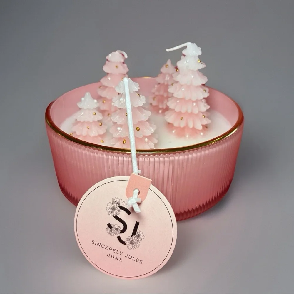 Sincerely Jules Pink Pine Trees Candle in Glass Dish Christmas Holiday Decor NWT